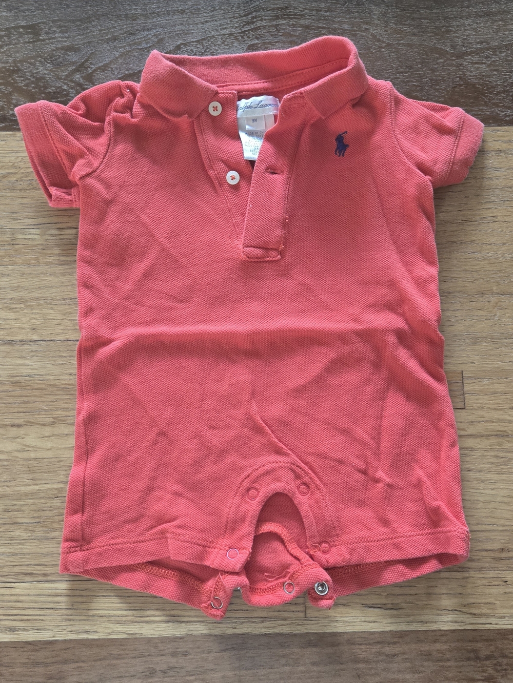 Ralph Lauren 3M Coral Short-Sleeve Polo Romper with Navy Embroidered Pony